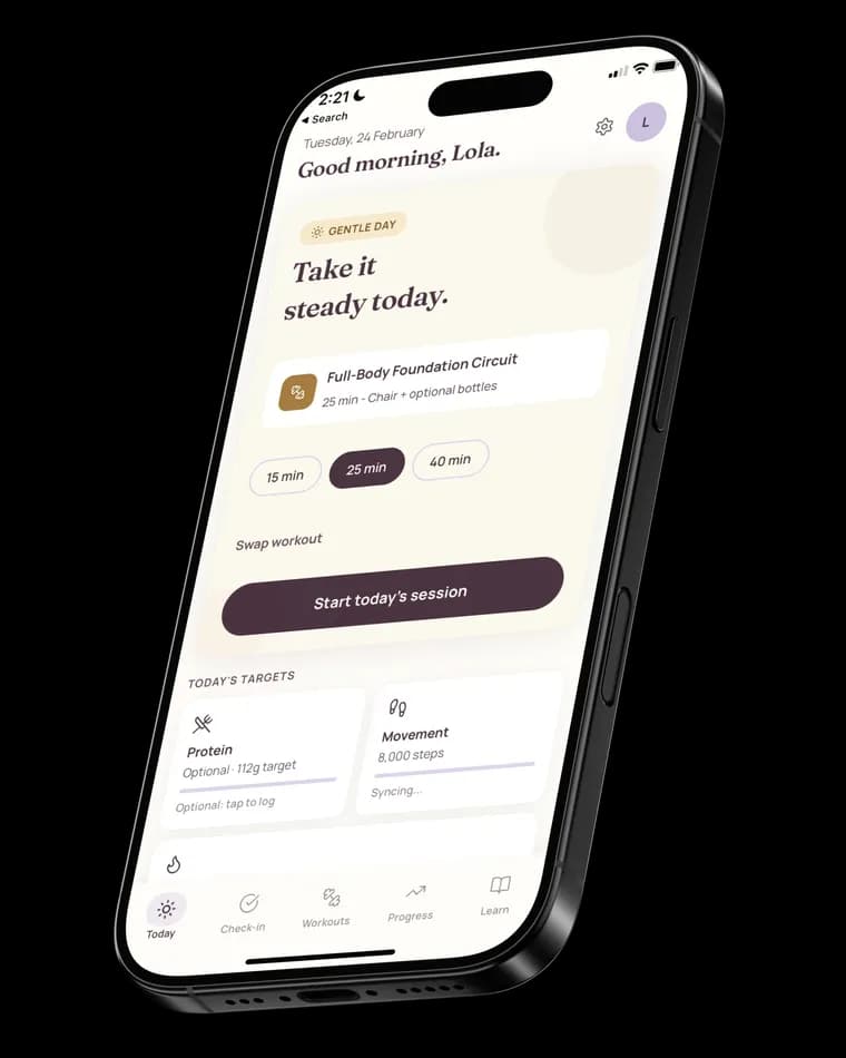 PeriPlan app showing a Gentle Day with personalized workout plan on iPhone